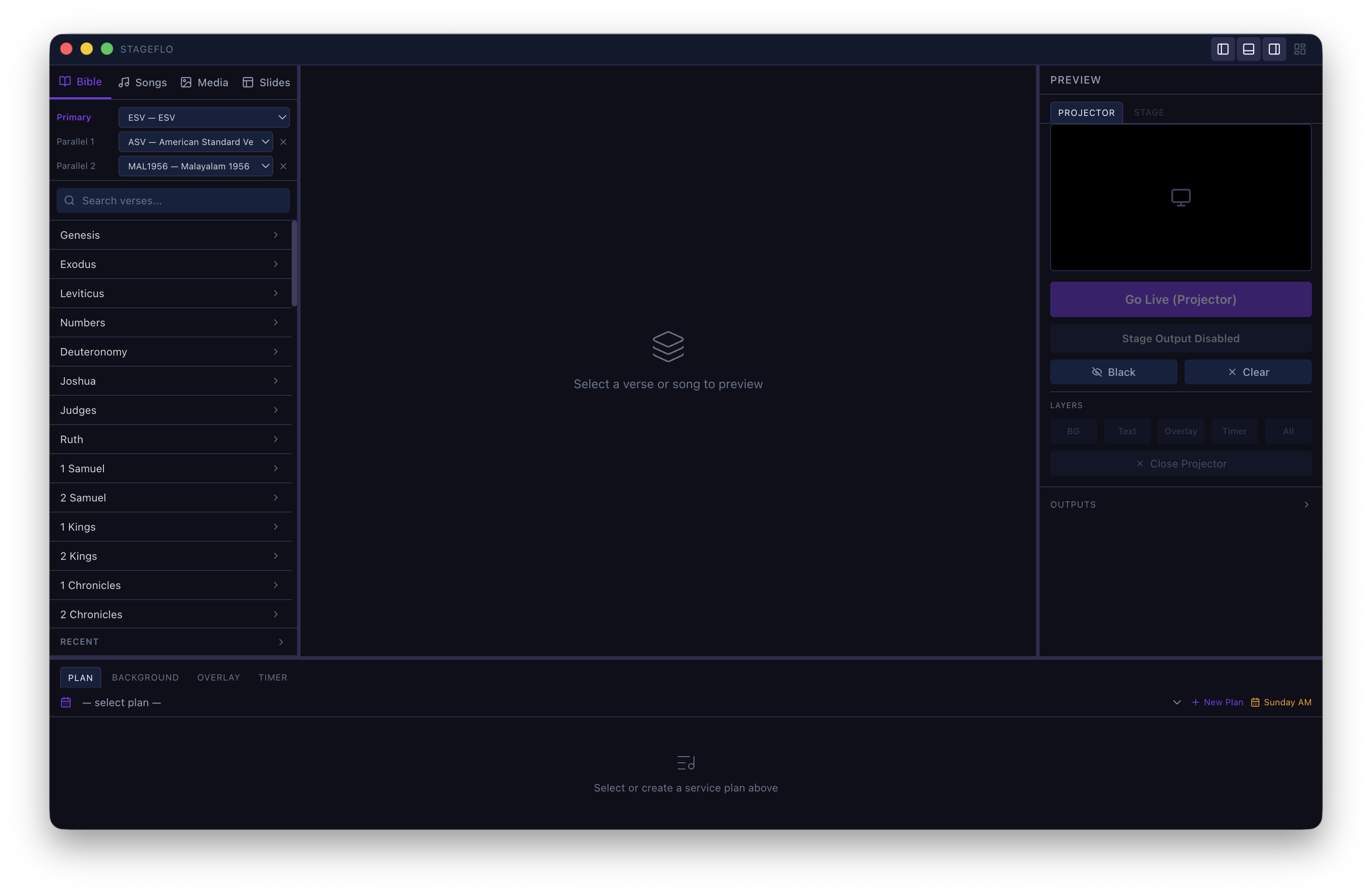 StageFlo operator workspace with library, playlist, and preview panels.