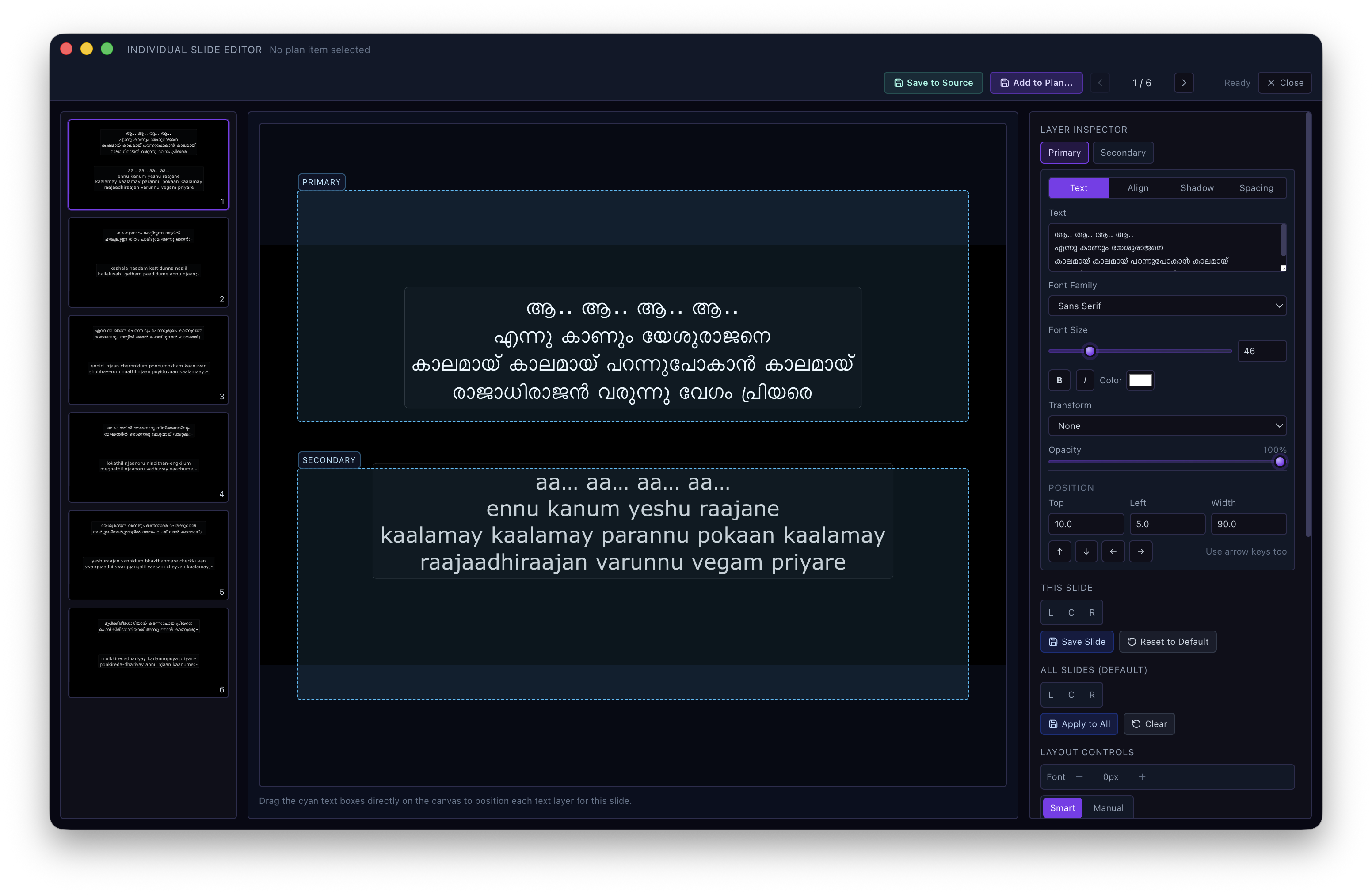 StageFlo slide editor showing text and layout styling controls.