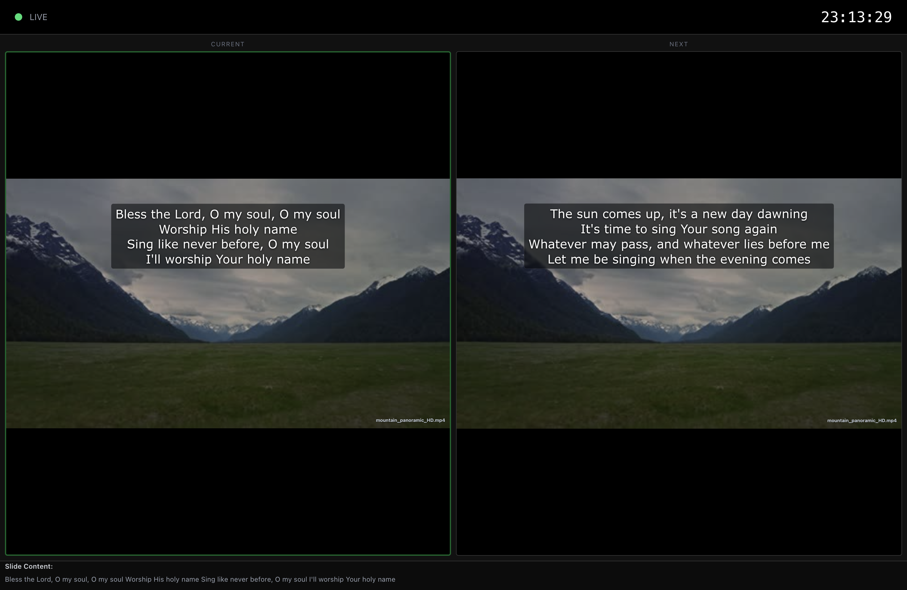 StageFlo stage display view showing current and next slide panels.